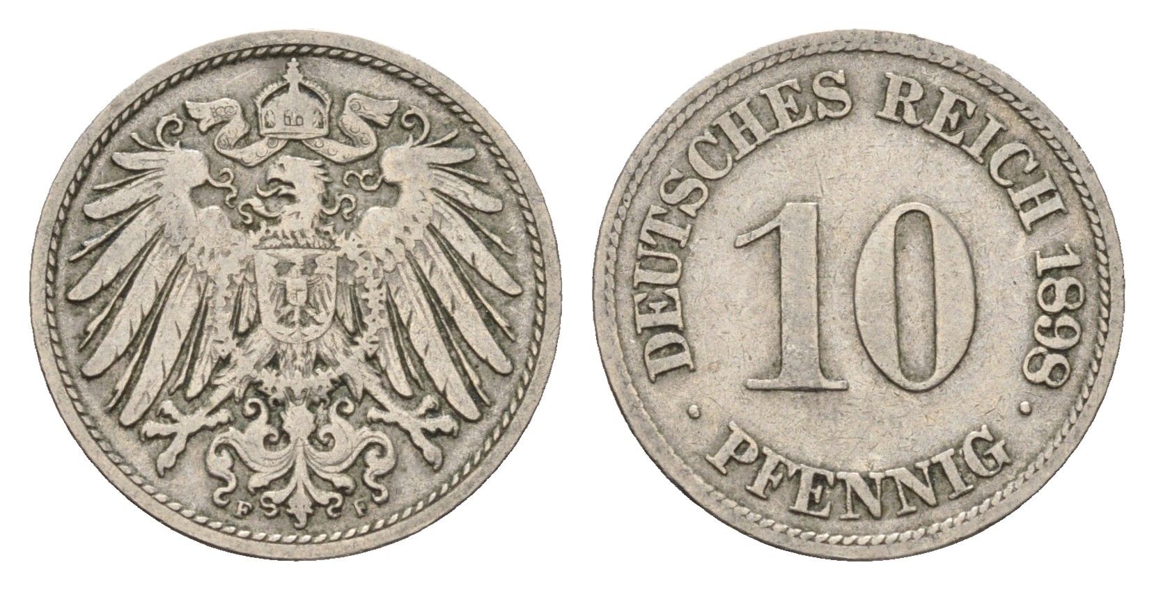 Германия 10 пфеннигов 1898 F, Вильгельм II (1888-1918) KM 12, J. 13 медно-никель 4636-755