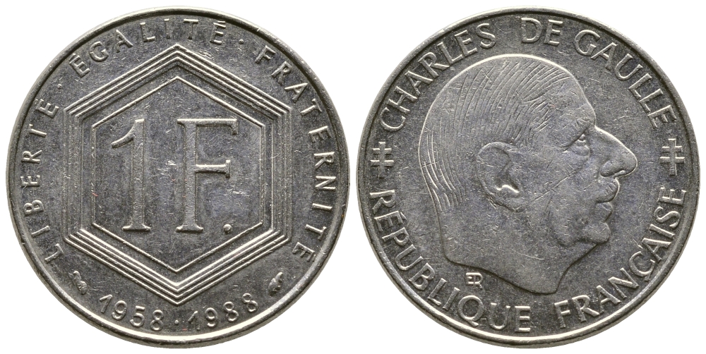 ФРАНЦИЯ 1 ФРАНК 1988 ШАРЛЬ ДЕ ГОЛЛЬ, 30 ЛЕТ РЕСПУБЛИКЕ KM 963 никель 91-135