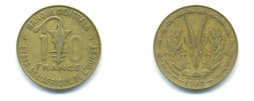 ЗАПАДНАЯ АФРИКА 10 ФРАНКОВ 1975 KM 1а алюминий никель бронза 86-1643