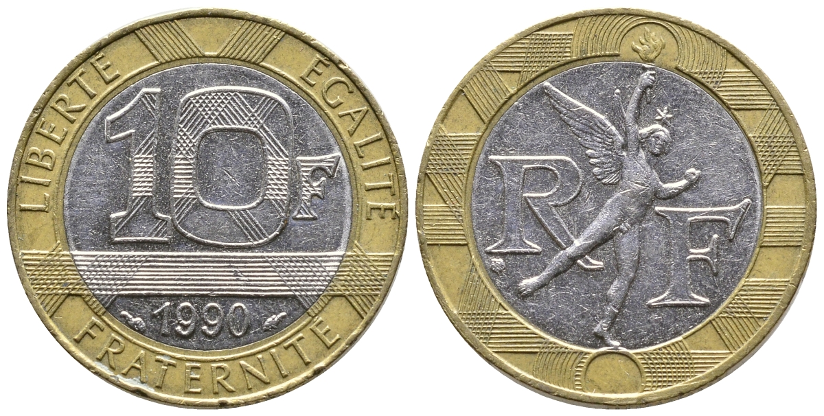 Франция 10 франков 1990 тип Гений Бастилии KM 964.1, Le Frank 375.5 биметалл 93-1134