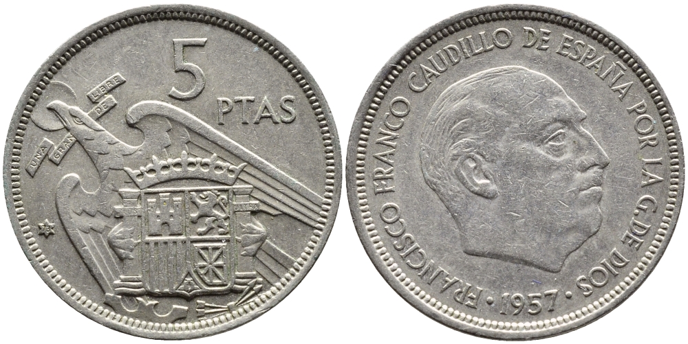 ИСПАНИЯ 5 ПЕСЕТ 1957 (73) ФРАНСИСКО ФРАНКО ДИКТАТОР ИСПАНИИ (1939-1975) KM 786 медно-никель 4393-235