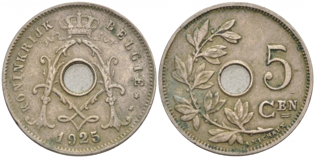 Бельгия 5 сантимов 1925 Belgie KM 67 медно-никель 44-132