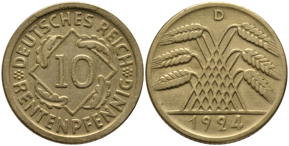 ГЕРМАНИЯ 10 РЕНТЕНПФЕННИГОВ 1924 D KM 33, J. 309, Weege 8 алюминиевая бронза 51-611