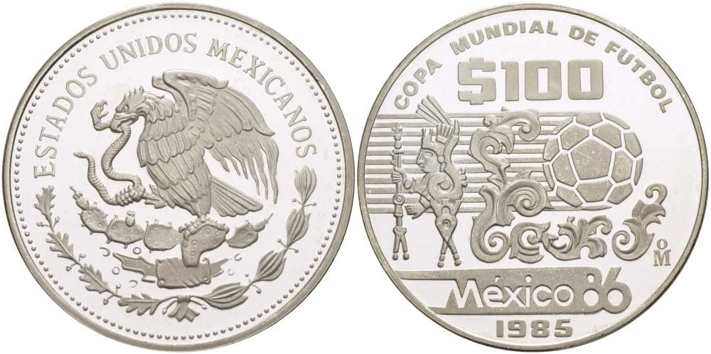 Мексика 100 песо 1985 чемпионат мира по футболу в Мексике 1986 года, тираж 9006 экземпляров KM 499 а серебро PROOF 1074-3-33