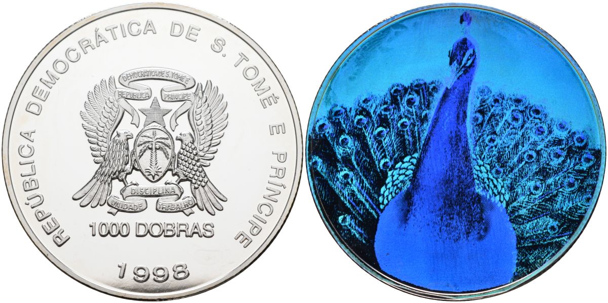 Сан-Томе и Принсипи 1000 добра 1998 (1997) павлин, галограмма KM 79 серебро PROOF 04-137-34