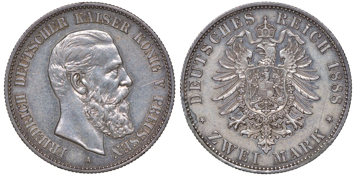 Пруссия 2 марки 1888 A, Фридрих III (1888) KM 510 серебро  aUNC  1531-1313