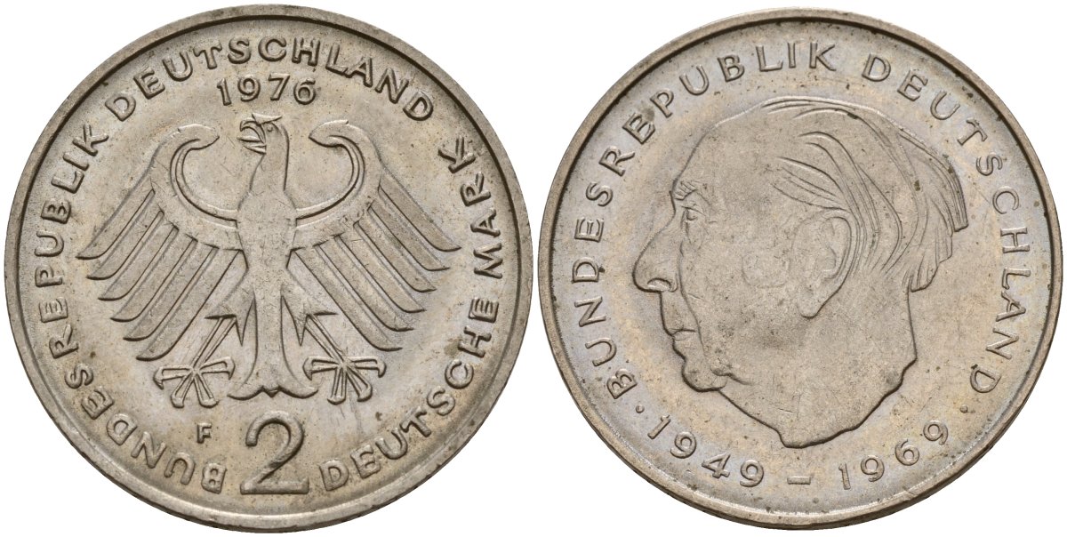 ФРГ 2 марки 1976 F, Конрад Аденауэр KM 124, J. 406 медно-никель 4159-1237