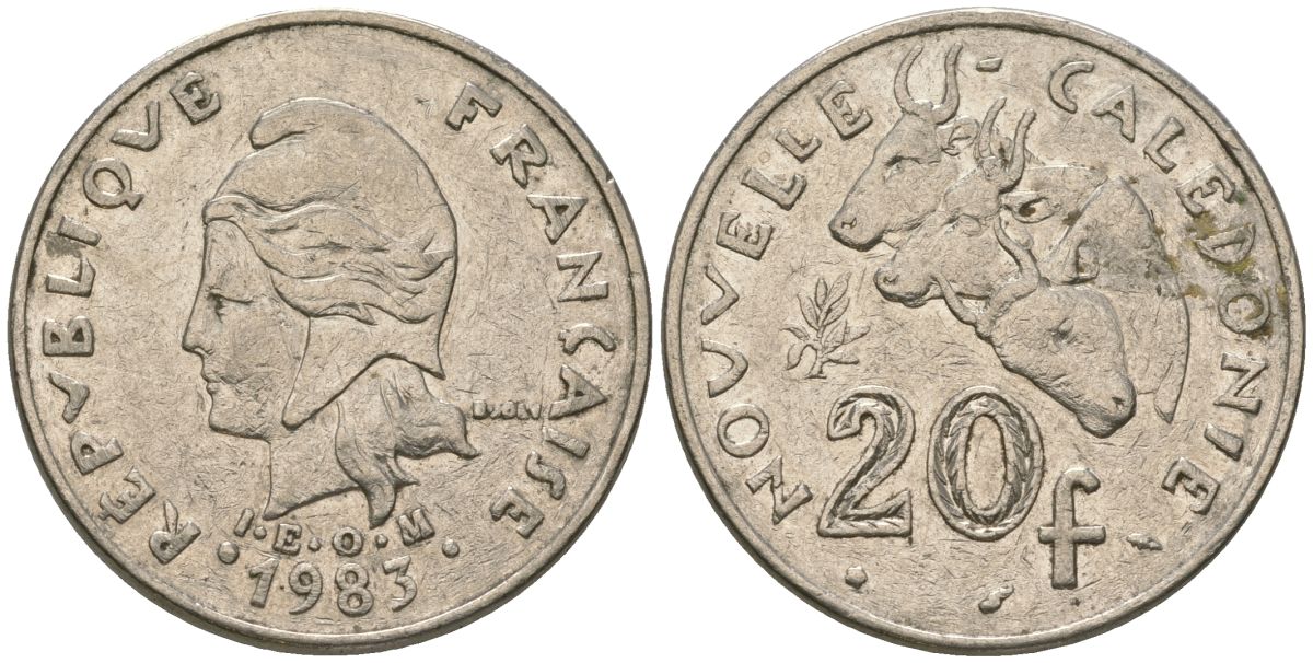 Французская Новая Каледония 20 франков 1983 три быка, (IEOM) KM 12, Schoen 14, Lec 111 никель 4120-922