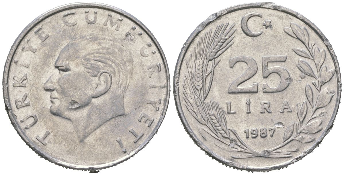 Турция 25 лир 1987 KM 975 алюминий 4620-514