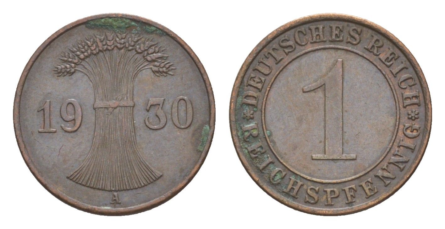 Германия 1 рейхспфенниг 1930 A KM 37, J. 313 бронза 4636-312