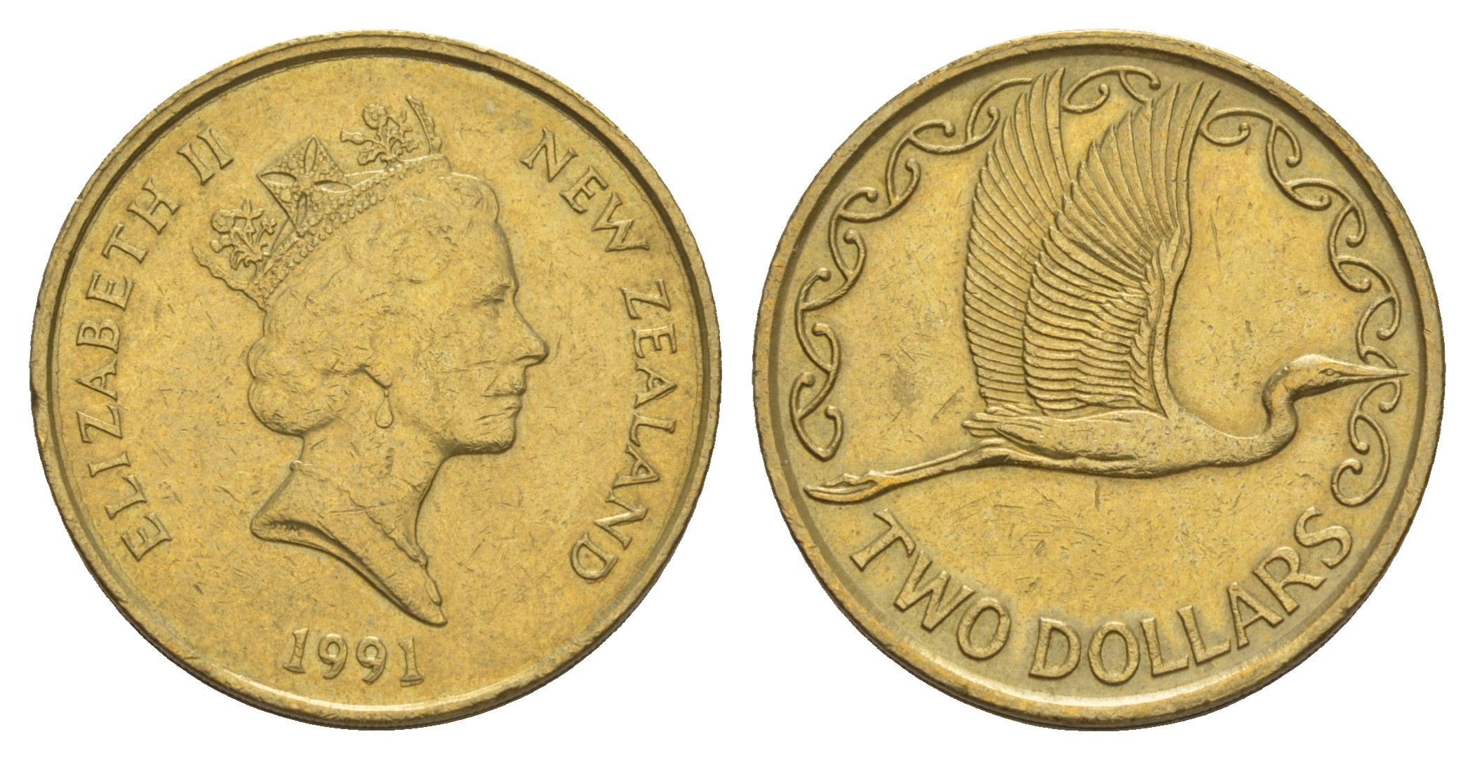 Новая Зеландия 2 доллара 1991 Елизавета II (1952-2022), большая белая цапля KM 79 алюминиевая бронза 4650-826