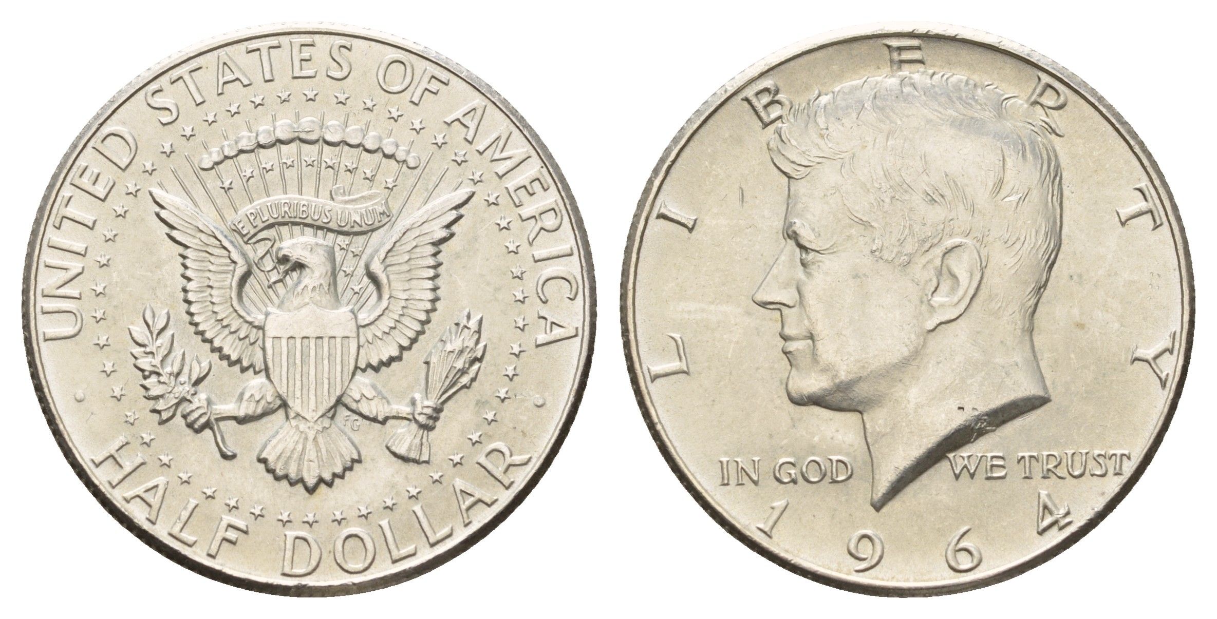 США 1/2 доллара (50 центов) 1964 Джон Кеннеди, год-тип KM 202 серебро aUNC 1527-1145