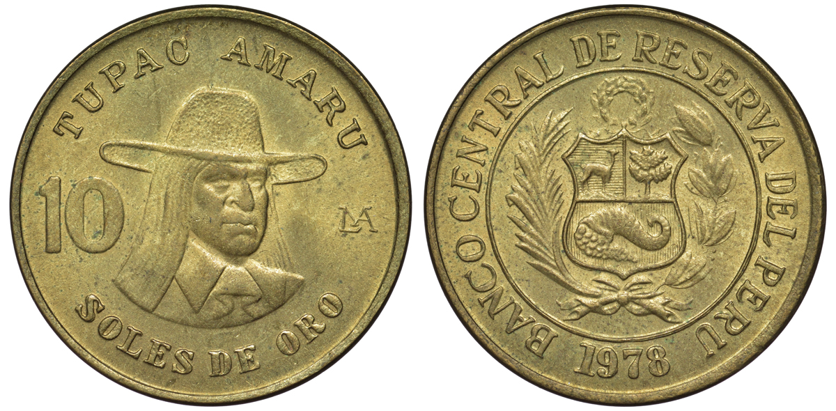 Перу 10 солей 1978 Тупак Амару II KM 272.2 латунь 4605-412
