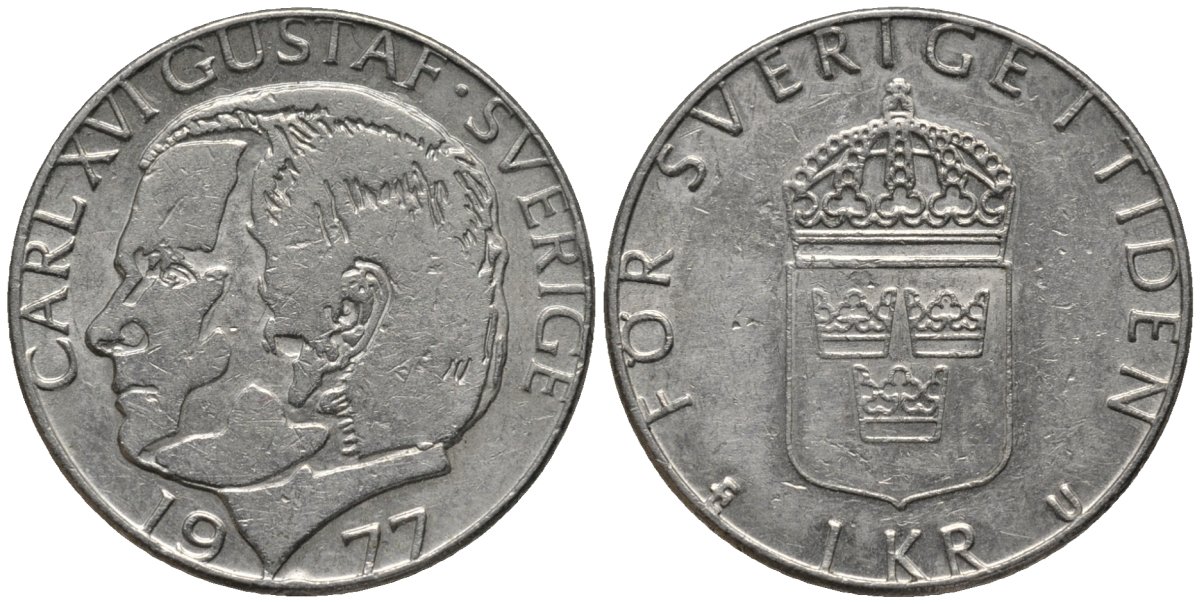 Швеция 1 крона 1977 Карл XVI Густав (1973- ) KM 852 медь плакированная медно-никелем 4577-822