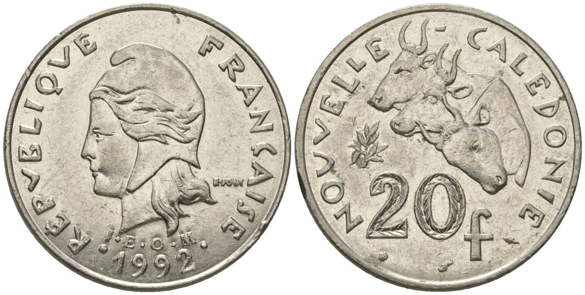 Французская Новая Каледония 20 франков 1992 три быка, (IEOM) KM 12, Schoen 14, Lec 115 никель 81-321