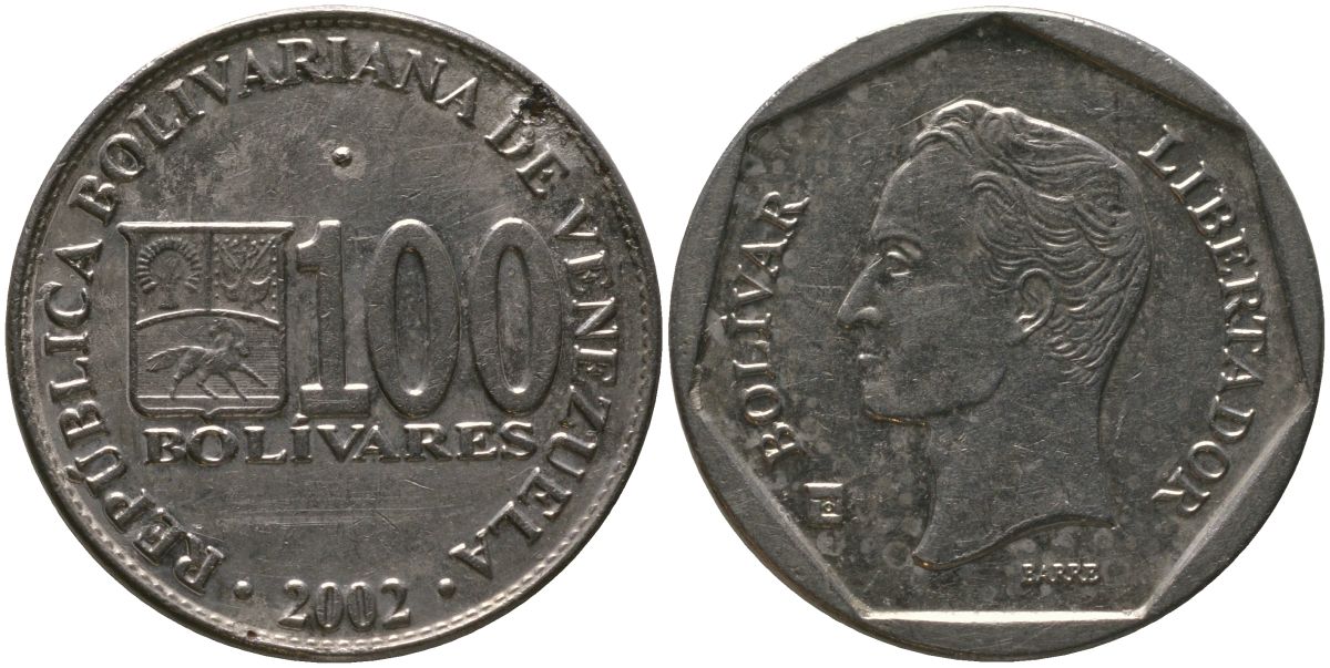 Венесуэла 100 боливаров 2002 KM 83, Schon 95 сталь плакированная никелем 4529-524