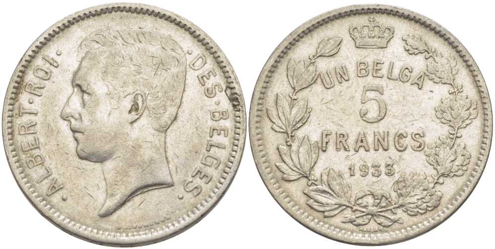 БЕЛЬГИЯ 5 ФРАНКОВ 1933 АЛЬБЕРТ I, DES BELGES KM 97.1 никель 3851-235