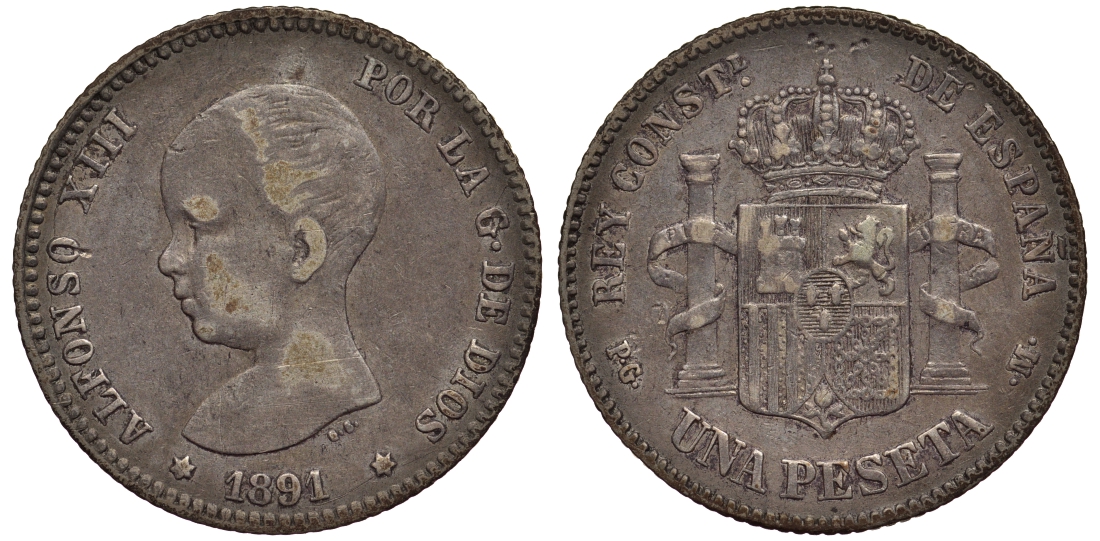 Испания 1 песета 1891 (91) PG-M, АЛЬФОНСО XIII (1886-1931) KM 691 (Y80) серебро 1521-144
