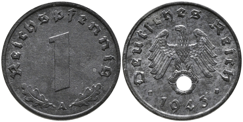 ГЕРМАНИЯ 1 РЕЙХСПФЕННИГ 1943 A KM 97, J.369 цинк 96-768