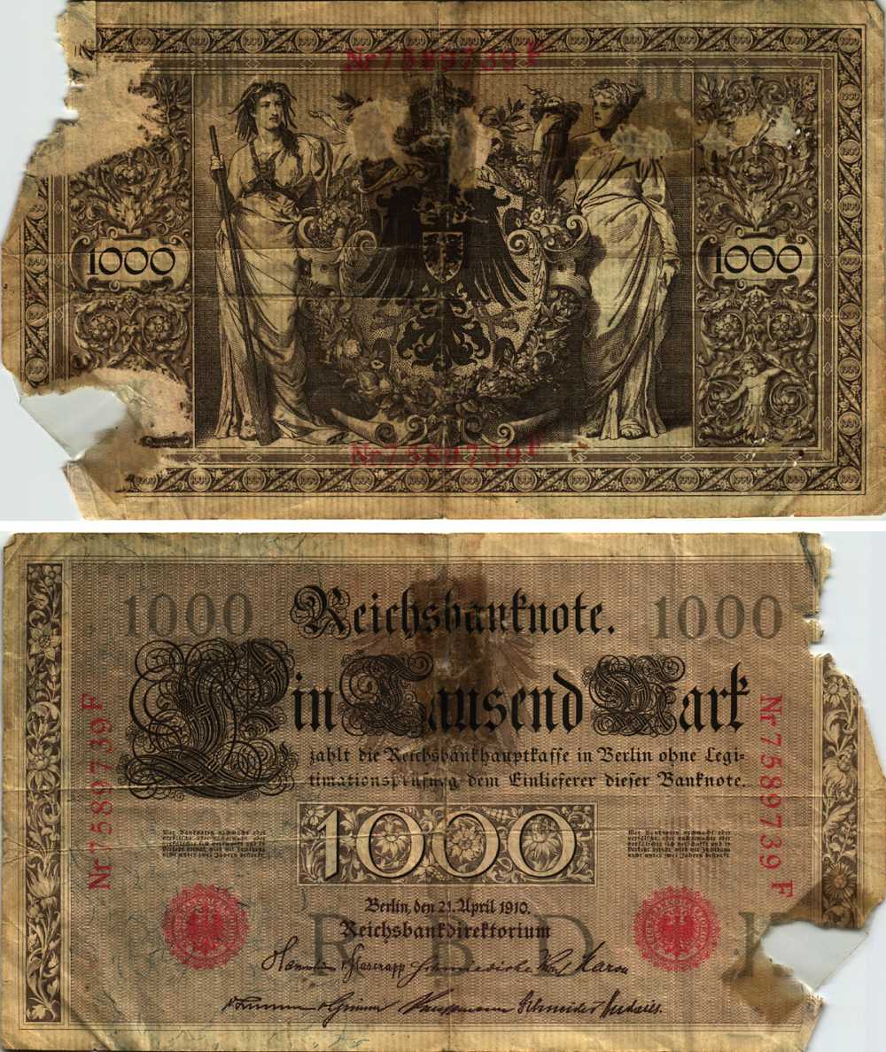 ГЕРМАНИЯ 1000 МАРОК 1910 21 АПРЕЛЯ 1910, СЕМИЗНАЧНЫЙ НОМЕР, СЕРИЯ F Pick 44b бумага 8610-16-1