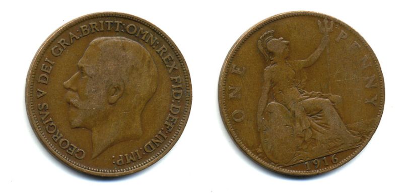 Великобритания 1 пенни 1916 Георг V (1910-1936) КМ 810, Spink 4051 бронза 47-123