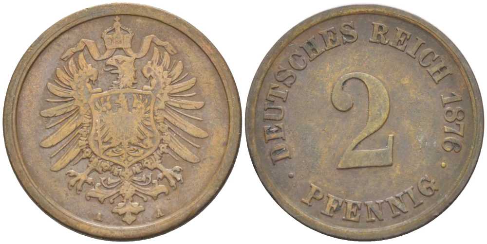 ГЕРМАНИЯ 2 ПФЕННИГА 1876 A, СТАРОГЕРБОВКА KM 2, J. 2, Weege 3 медь 212-651