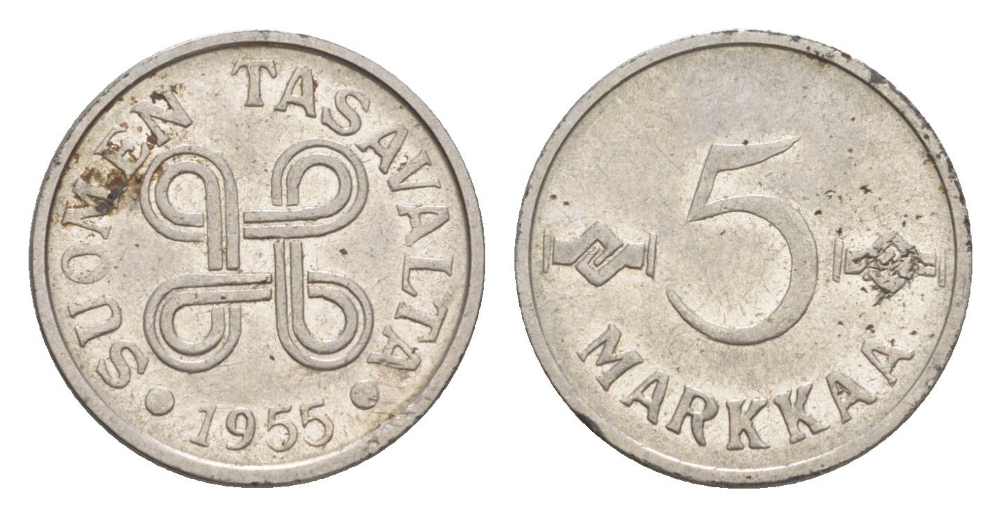 Финляндия 5 марок 1955 KM 37a железо плакированное никелем 4647-443