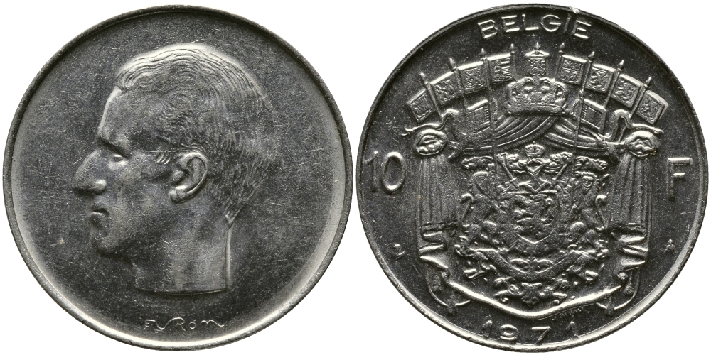 БЕЛЬГИЯ 10 ФРАНКОВ 1971 BELGIE, БОДУЭН I (1951-1993) KM 156.1 никель 3333-1041
