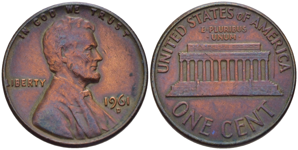 США 1 цент 1961 D, Авраам Линкольн KM 201 медь цинк 66-447