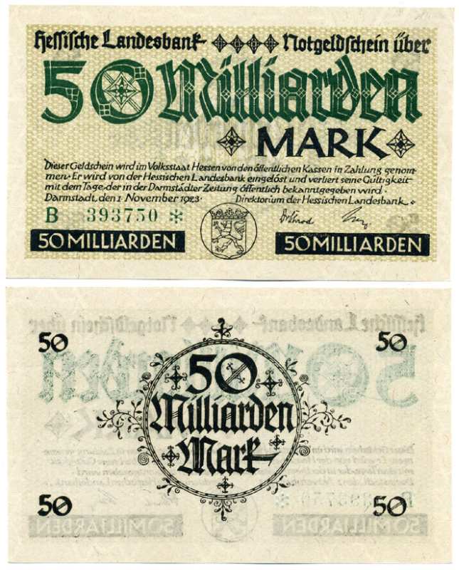 Германия, Дармштадт 50000000000 марок  (50 миллиардов марок) 1923 1 ноября 1923, нотгельд, земля Гессен, серия В, со снежинкой, Hessesche Landesbank Keller 956f  бумага  UNC (пресс) 8613-19-3-1