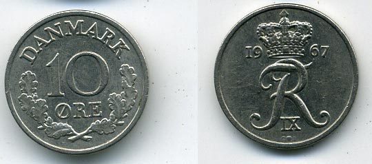 Дания 10 эре 1967 C; S, Фредерик IX (1947-1972) KM 849.1 медно-никель 54-1136