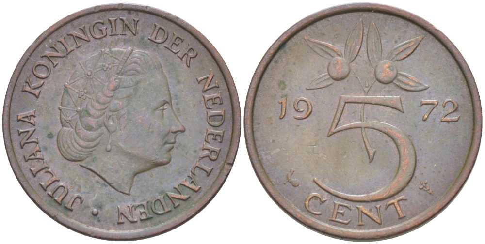 Нидерланды 5 центов 1972 Юлиана (1948-1980) KM 181 бронза 213-1115