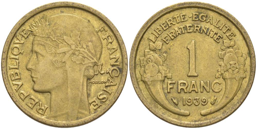 Франция 1 франк 1939 тип Морлон KM 885, LE FRANC 219.10 алюминиевая бронза 3853-152
