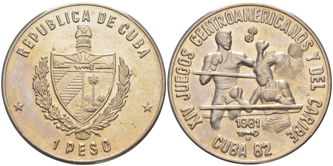 Куба 1 песо 1981 XIV Центрально-Американские и Карибские игры на Кубе 1982 года, бокс KM 62 медно-никель UNC 1526-223 M8-14