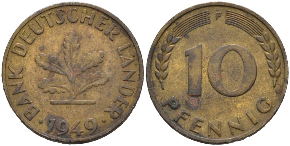 ФРГ 10 ПФЕННИГОВ 1949 F KM 103, J. 378 сталь плакированная латунью 4513-946