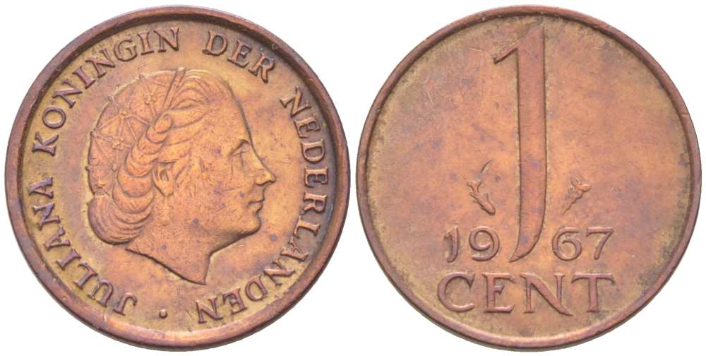 НИДЕРЛАНДЫ 1 ЦЕНТ 1967 ЮЛИАНА (1948-1980) KM 180 бронза 3309-344