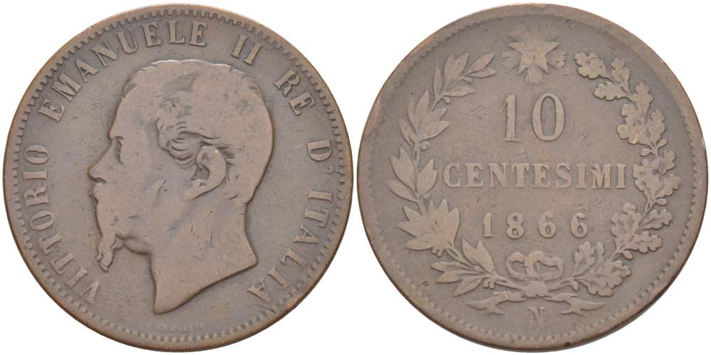 ИТАЛИЯ 10 ЧЕНТЕЗИМО 1866 N, МОНДВОР НЕАПОЛЬ, ВИКТОР ЭММАНУИЛ II (1861-1878) KM 11.4 медь 4526-832