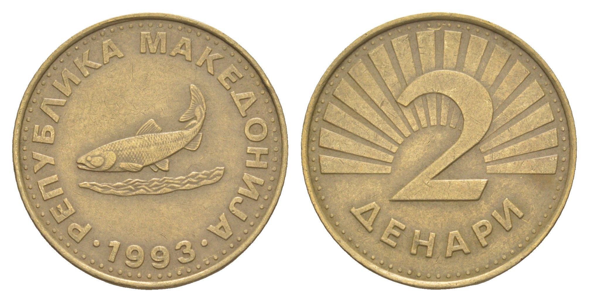 Македония 2 денара 1993 KM 3 латунь 4519-651