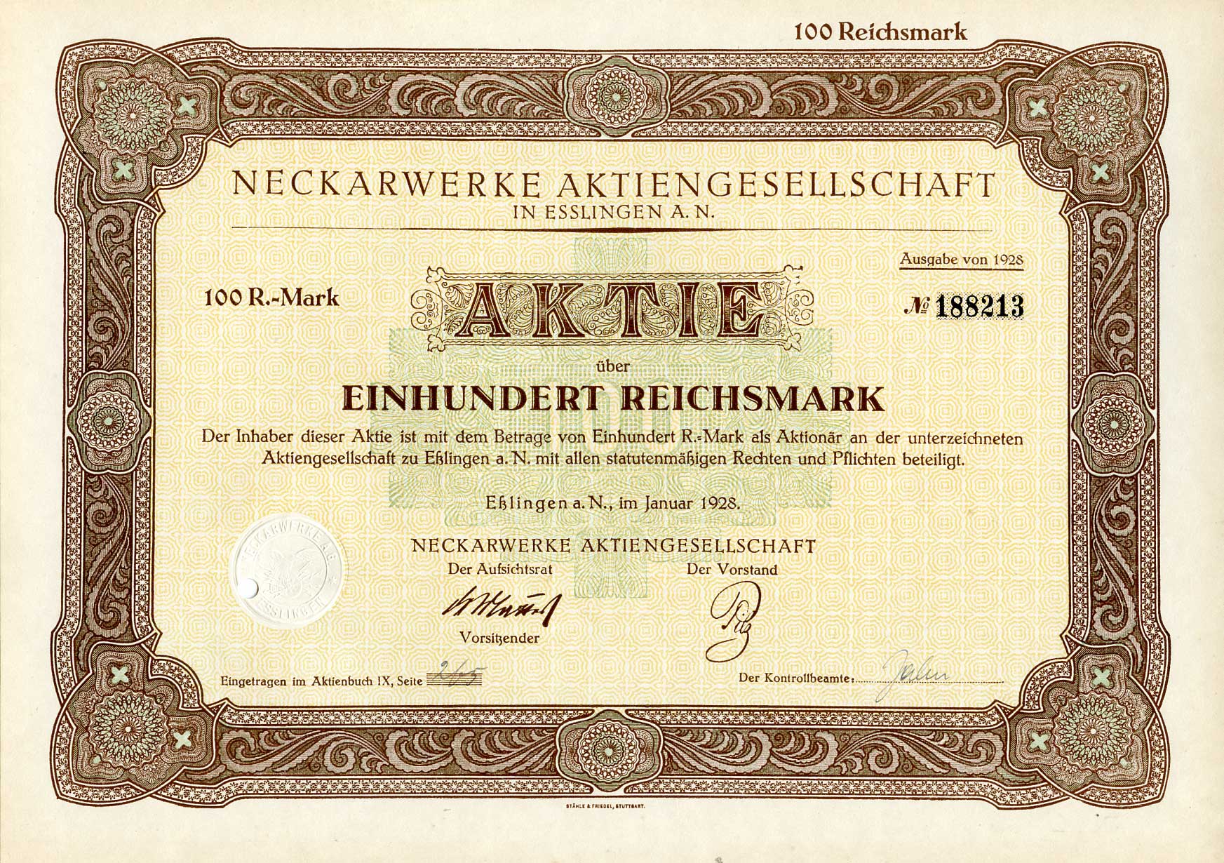 Германия 100 рейхсмарок 1928 АО Неккарверке в Эсслингене, акция   бумага   8801-67-1