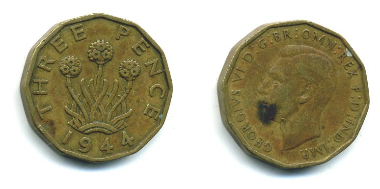 Великобритания 3 пенса 1944 Георг VI (1936-1952) KM 849, Spink 4112 никель латунь 540-244