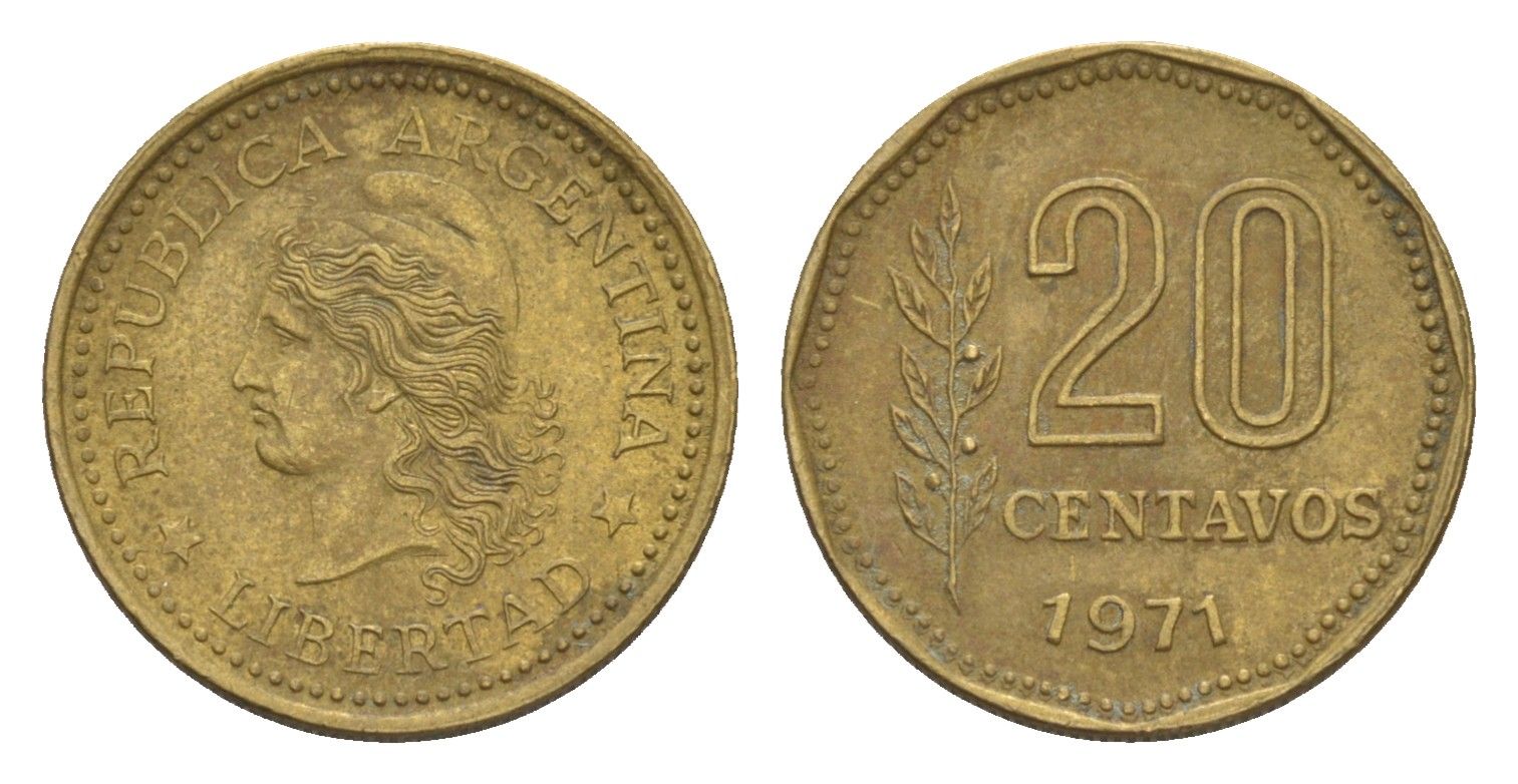 Аргентина 20 сентаво 1971 KM 67 латунь 4655-1033