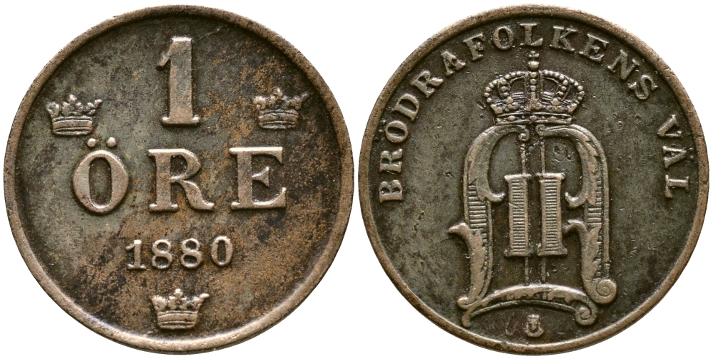 Швеция 1 эре 1880 Оскар II (1872-1907) король Швеции и Норвегии KM 750 бронза 08-1468