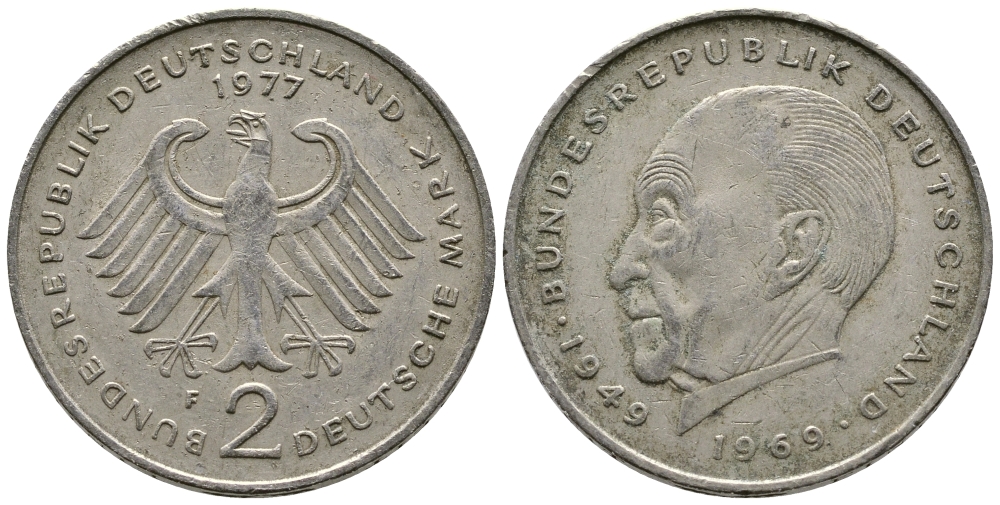 ФРГ 2 МАРКИ 1977 F, КОНРАД АДЕНАУЭР KM 124, J. 406 медно-никель плакированный никелем 47-842