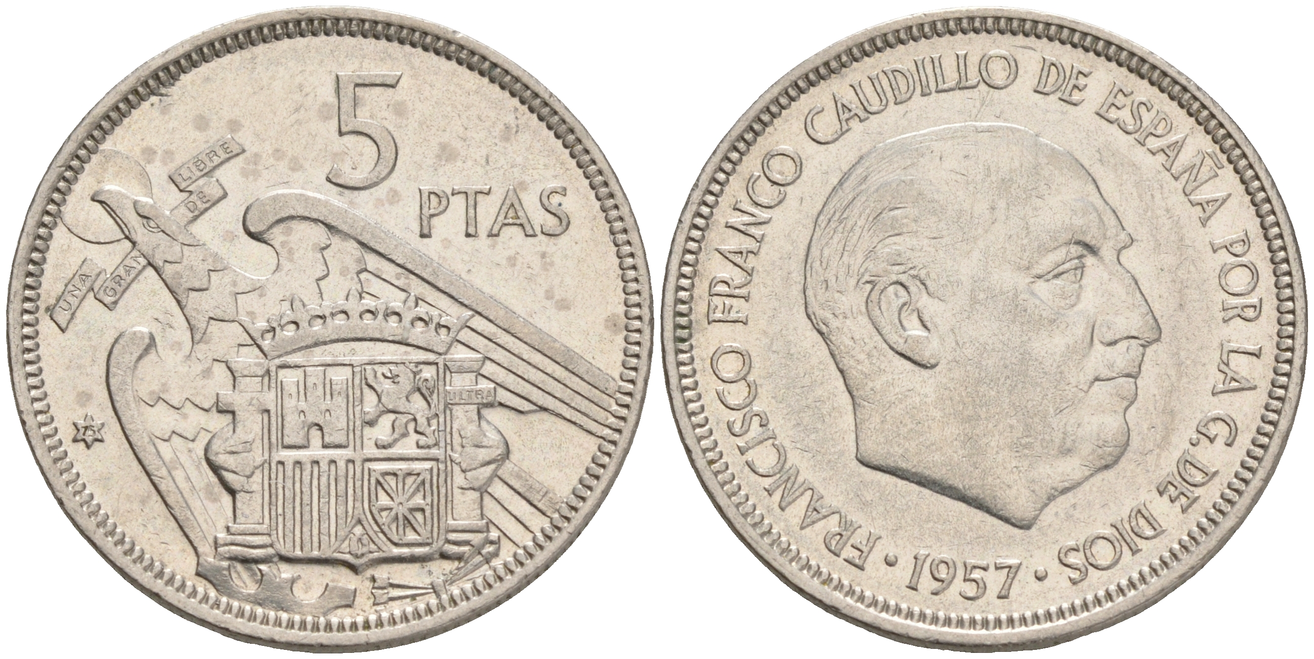 Испания 5 песет 1957 (75) Франциско Франко (1939-1975) KM 786 медно-никель 4561-821