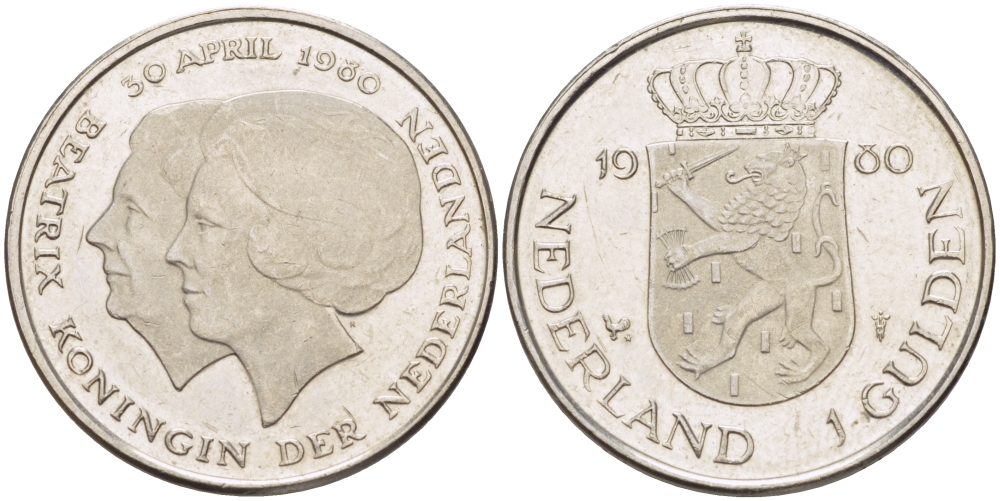 Нидерланды 1 гульден 1980 на коронацию Беатрикс, 30 апреля 1980 KM 200 никель 31-831