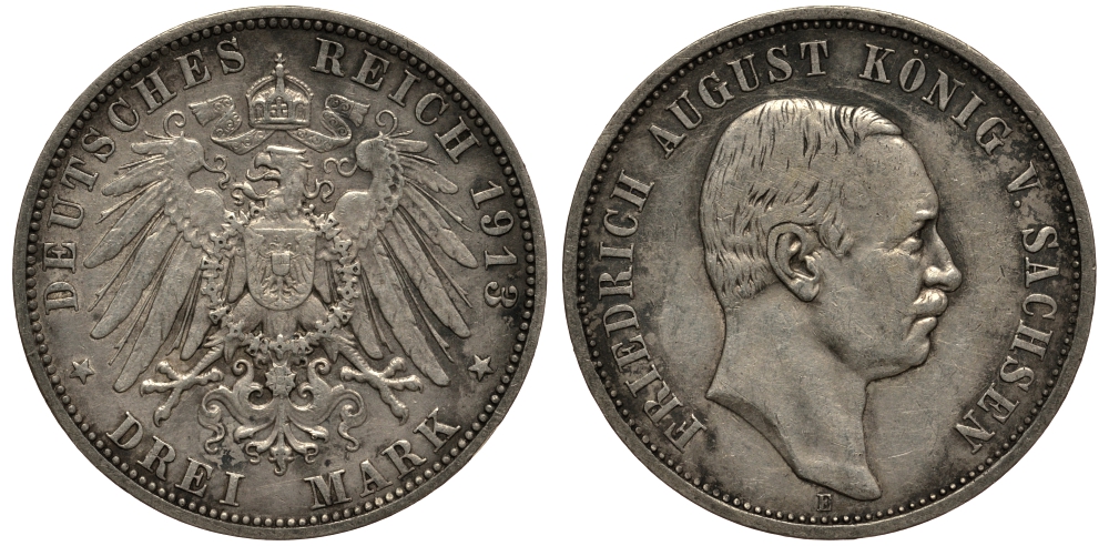 Саксония 3 марки 1913 E, Фридрих Август III (1904-1918) Weege 132, J. 135, KM 1267 серебро 3711-1345