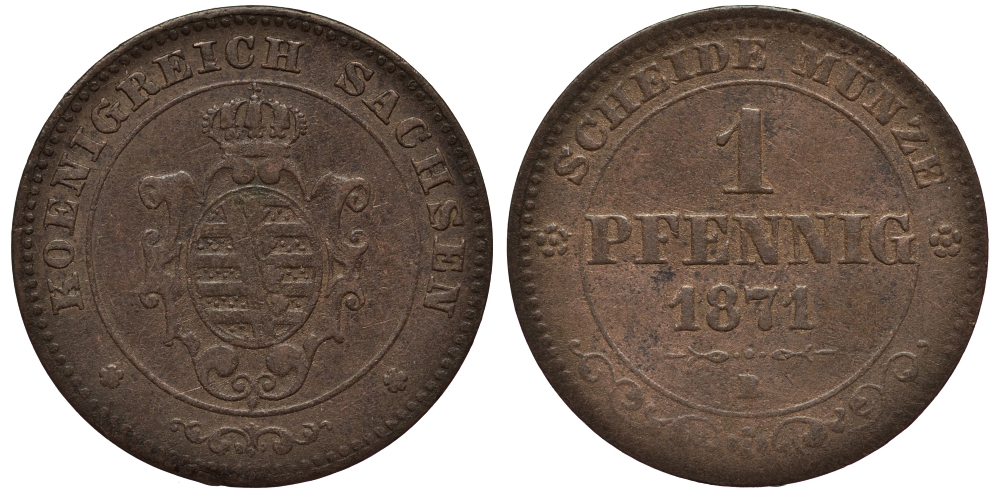 Саксония 1 пфенниг 1871 B KM 1216 медь    413-5545