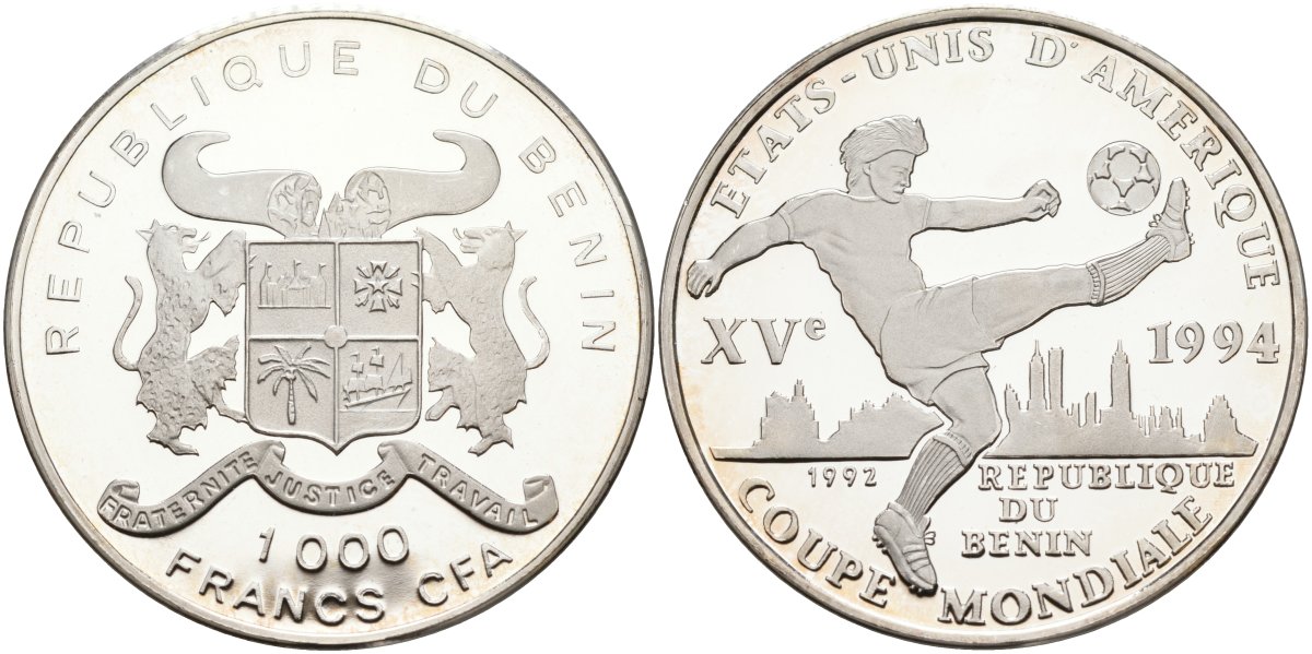 Бенин 1000 франков 1992 чемпионат мира по футболу 1994 года в США, игрок с мячом KM 5 серебро PROOF 04-316-13