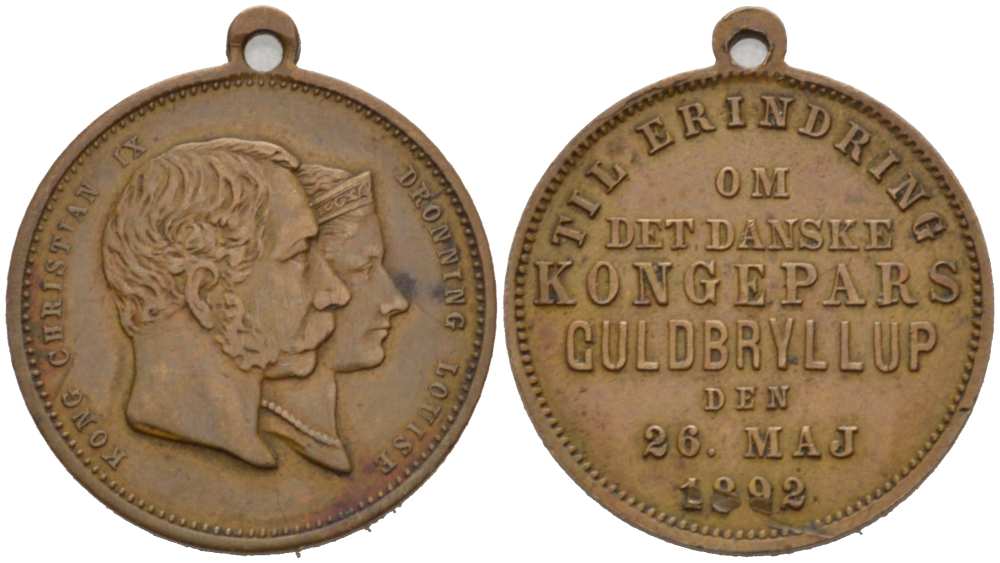 ДАНИЯ МЕДАЛЬ 1892 В ПАМЯТЬ О ЗОЛОТОЙ СВАДЬБЕ КОРОЛЯ КРИСТИАНА IX B КОРОЛЕВЫ ЛУИЗЫ (26 МАЯ 1892), ДЕДА И БАБУШКИ БУДУЩЕЙ РУССКОЙ ИМПЕРАТРИЦЫ МАРИИ ФЁДОРОВНЫ, С КОЛЬЦОМ ДЛЯ НОШЕНИЯ, ДИАМЕТР 24 ММ., ВЕС 43,92 ГР. бронза 272-1535
