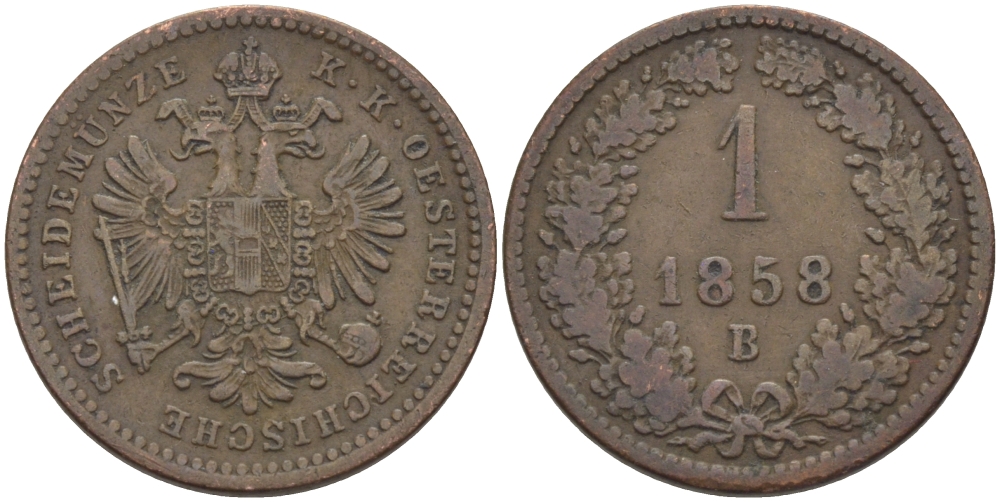 Австрия 1 крейцер 1858 В, Франц Иосиф (1846-1918) KM 2186 медь 220-434